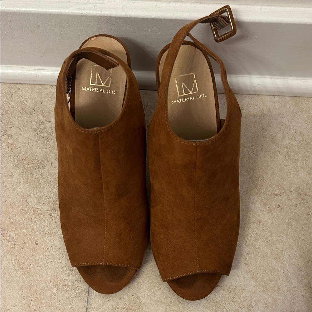 Material Girl Tan Peep Toe Mules